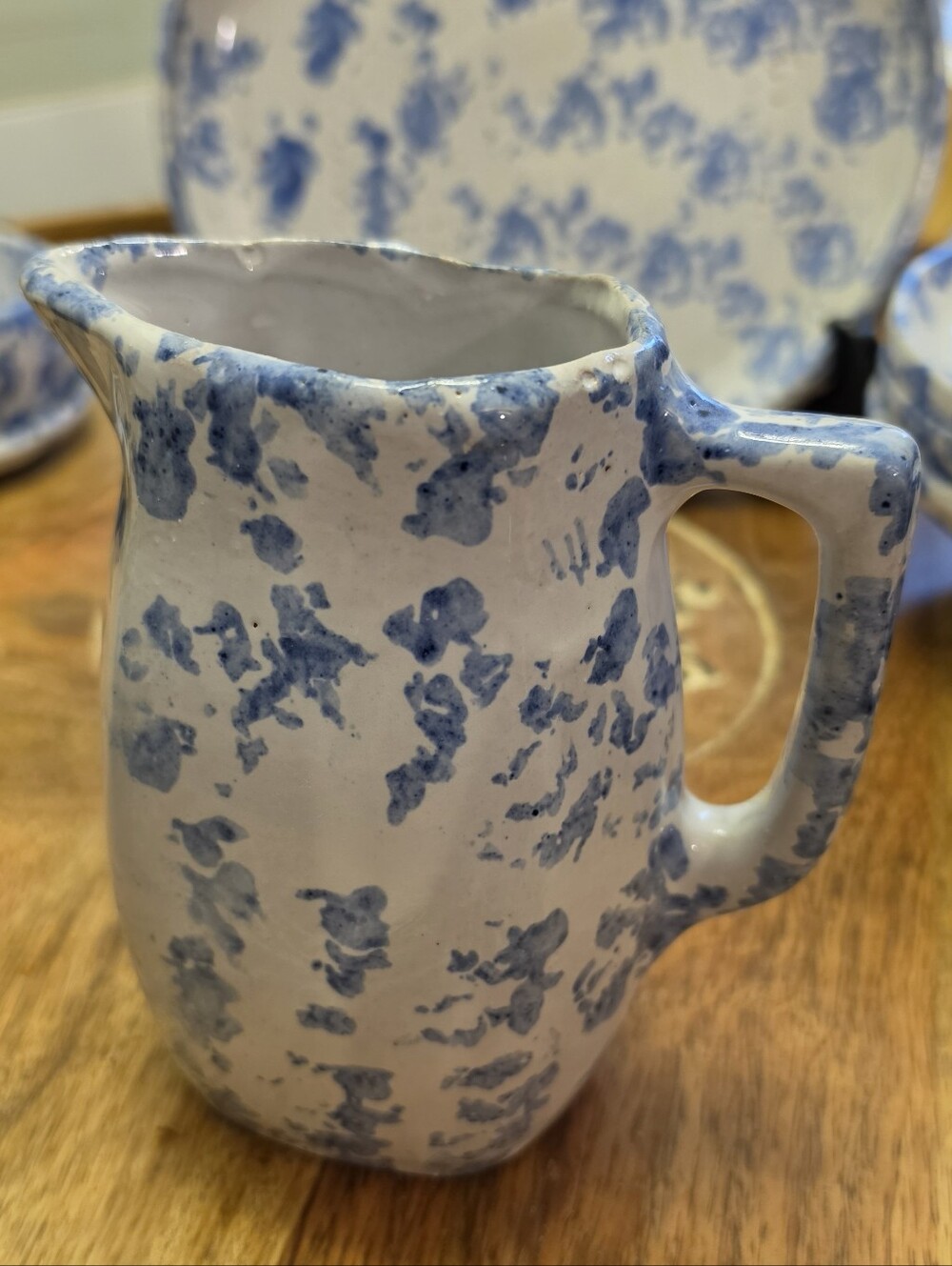 Vintage Bybee Pottery Blue White Spongeware Pitcher 6" Kentucky Art Stoneware